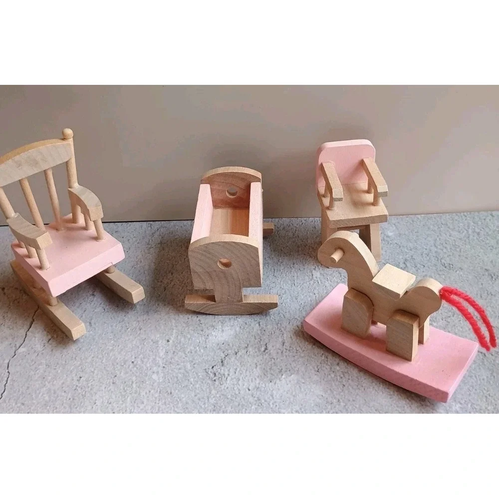 Wood Dollhouse Pink Nursery Set Crib High Chair Rocking Horse Cottage Style